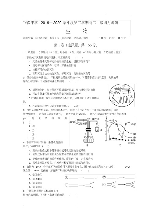 江苏省宿豫中学2019—2020学年度第二学期四月调研卷高二生物(实验班)(含答案) 