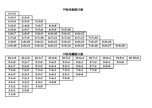 20以内_10以内加减法口诀表(A4纸打印)