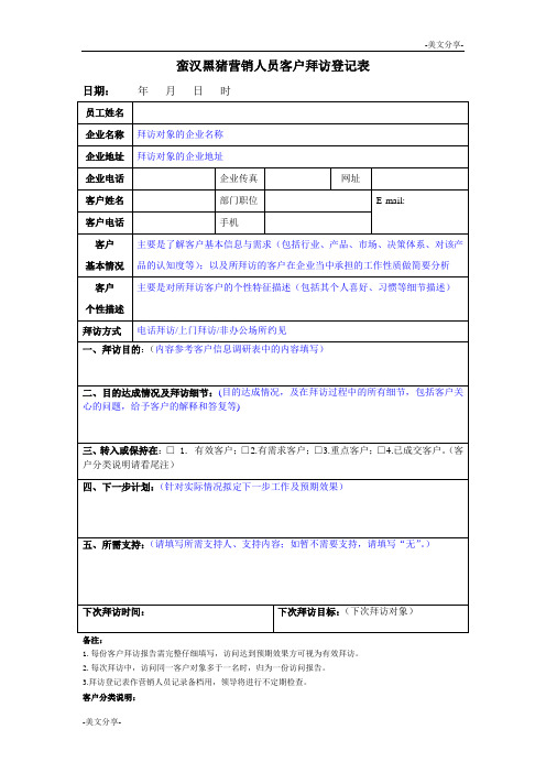 营销人员客户拜访登记表