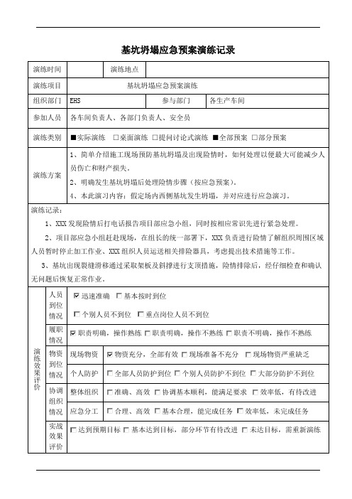 基坑坍塌应急预案演练记录及效果评价表