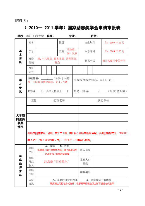 国家励志奖学金申请审批表填写模板1