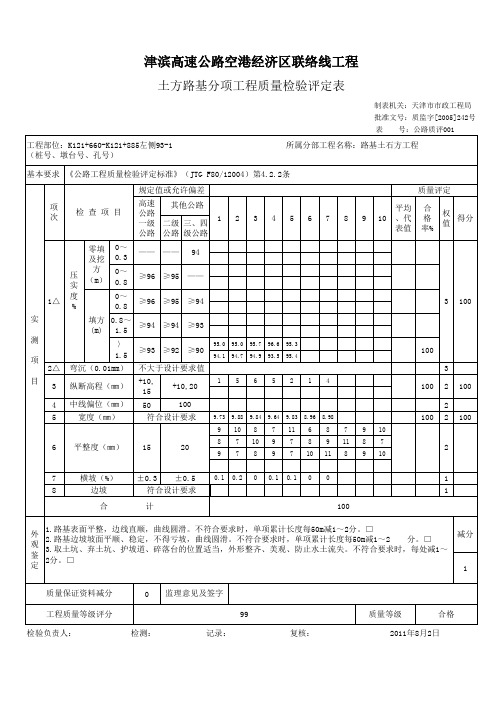 土方路基分项工程质量检验评定表