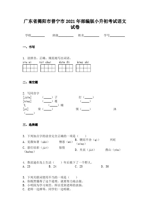 广东省揭阳市普宁市2021年部编版小升初考试语文试卷