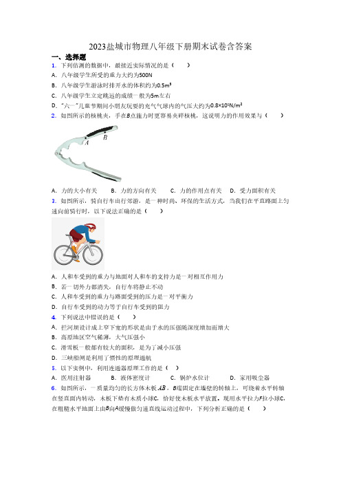 2023盐城市物理八年级下册期末试卷含答案