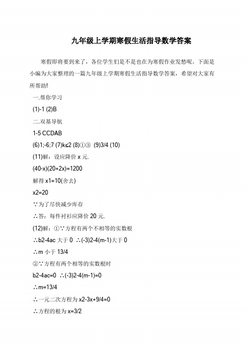 九年级上学期寒假生活指导数学答案