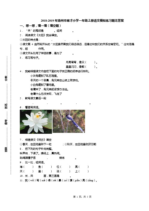 2018-2019年扬州市育才小学一年级上册语文模拟练习题无答案