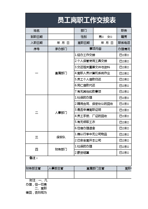 员工离职工作交接表excel模板