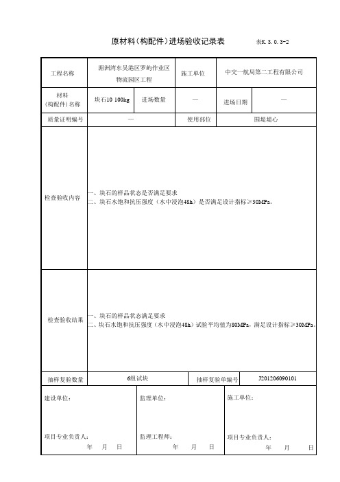 块石 原材料(构配件)进场验收记录 