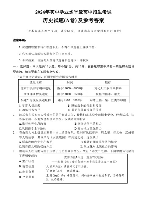 2024年初中学业水平暨高中招生考试：历史试卷及参考答案