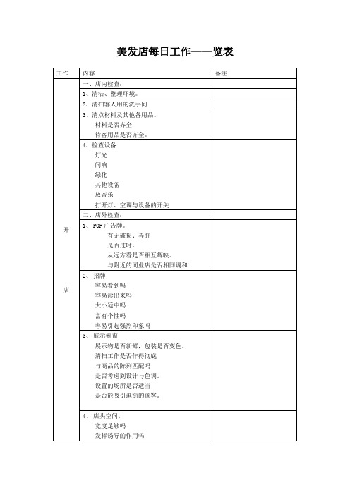 美发店每日工作——览表