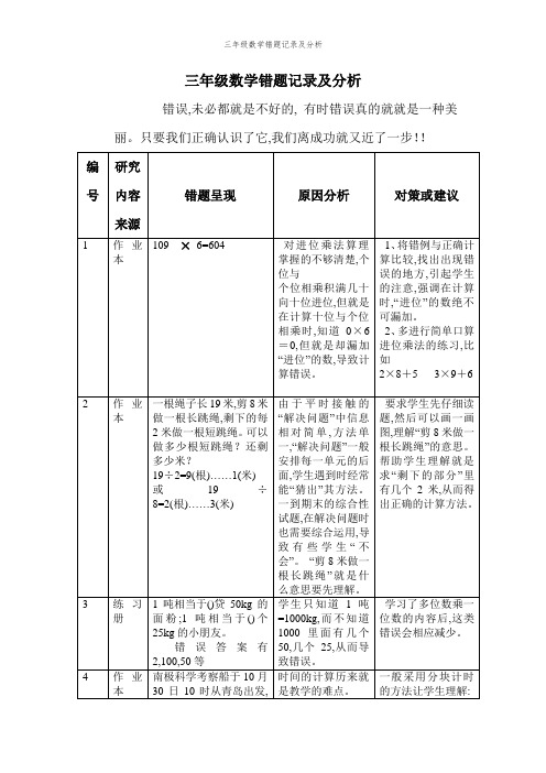 三年级数学错题记录及分析