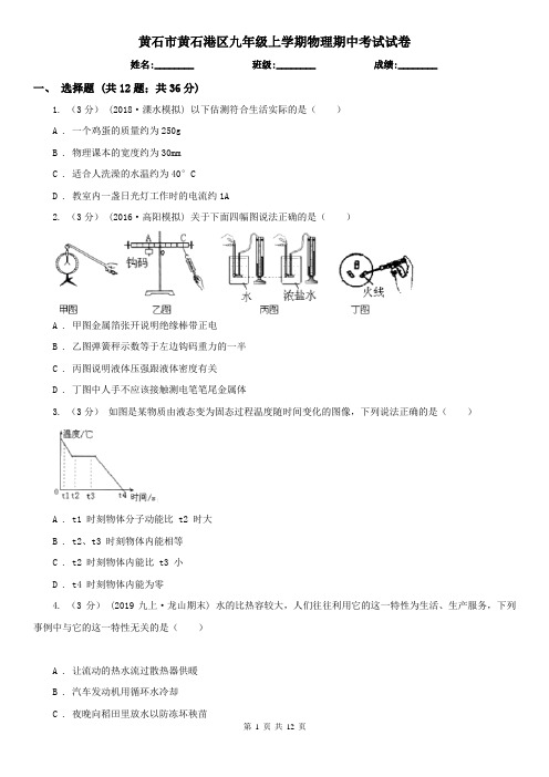 黄石市黄石港区九年级上学期物理期中考试试卷