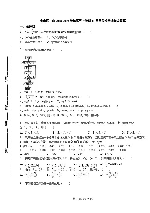 金山区二中2018-2019学年高三上学期11月月考数学试卷含答案