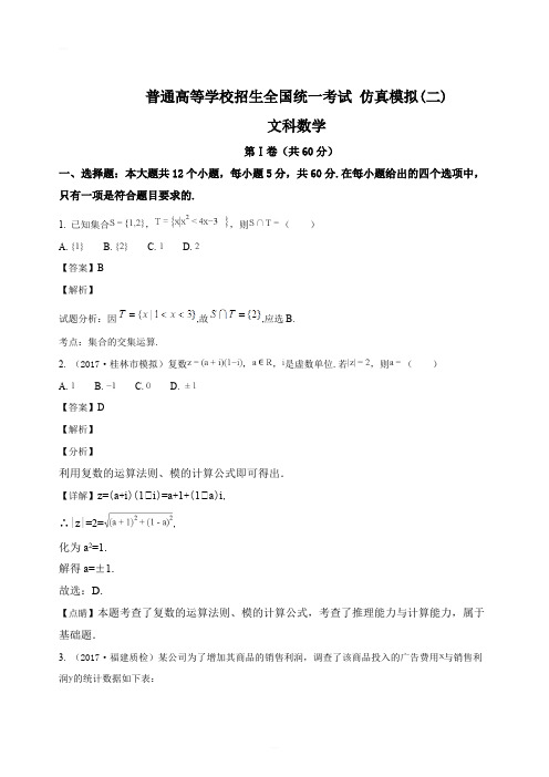 黑龙江省2018年普通高等学校招生全国统一考试仿真模拟(二)数学(文科)试题(精编含解析)