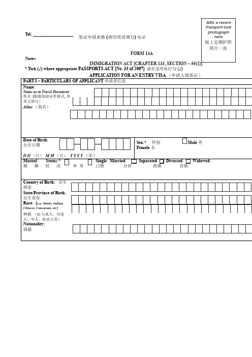 新加坡签证申请表