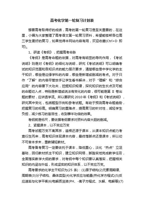 高考化学第一轮复习计划表