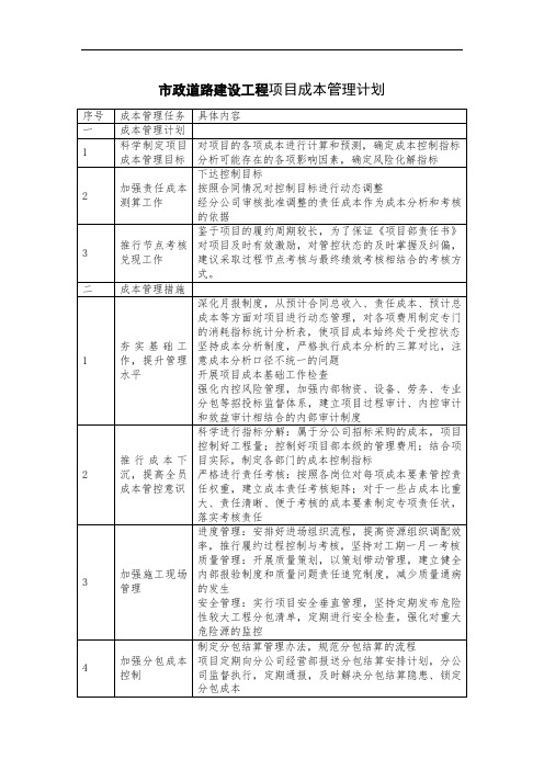 市政道路建设工程项目成本管理计划