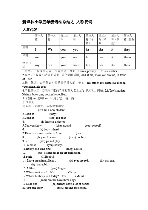 新译林五年级语法总结之 人称代词