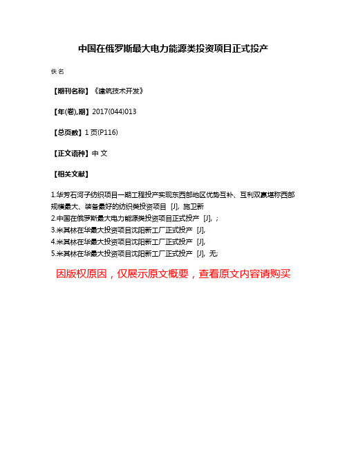 中国在俄罗斯最大电力能源类投资项目正式投产