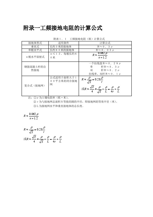 附录一工频接地电阻的计算公式