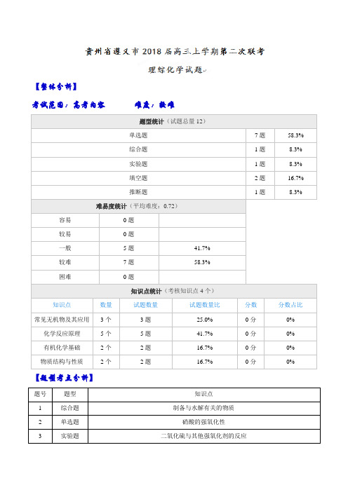 【全国大联考】【贵州(新课标Ⅲ)】贵州省遵义市2018届高三上学期第二次联考理综化学试题(解析版)