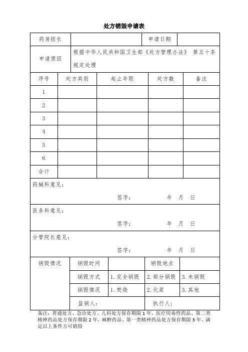 处方销毁申请表