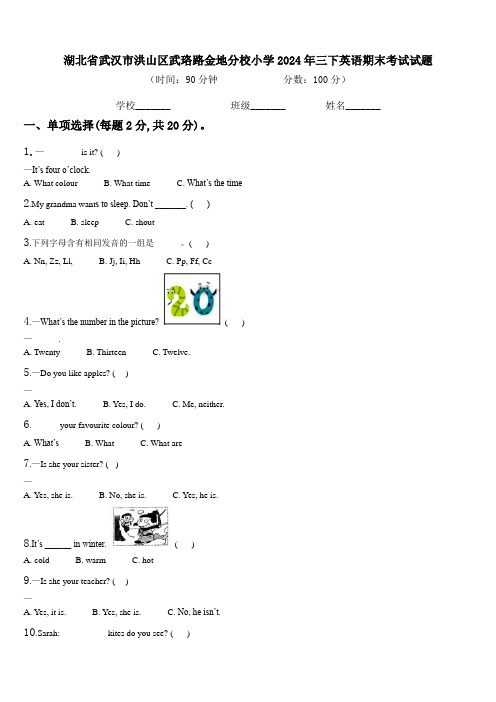 湖北省武汉市洪山区武珞路金地分校小学2024年三下英语期末考试试题含解析