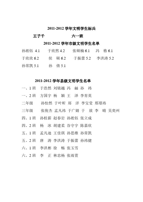 2012市县级文明学生名单