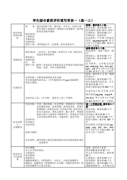 综合素质评价(高一上填写要求)