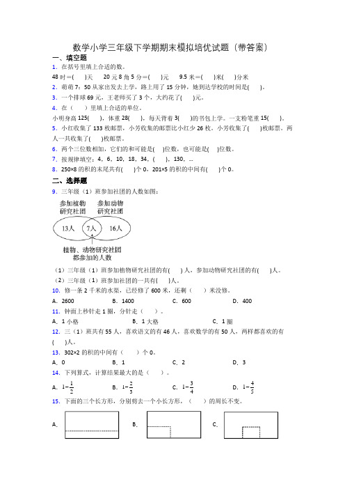 数学小学三年级下学期期末模拟培优试题(带答案)