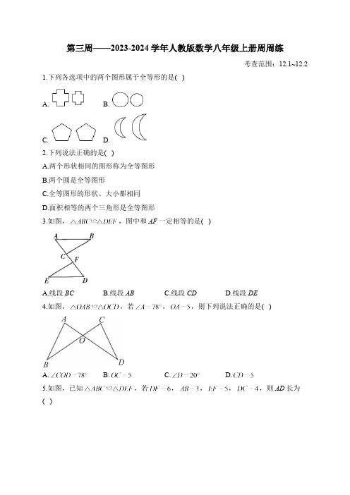 第3周——2023-2024学年人教版数学八年级上册周周练(含答案)