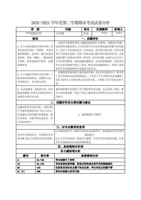 2020 -2021学年度第二学期期末教学质量检测七年级历史试卷分析  (2)