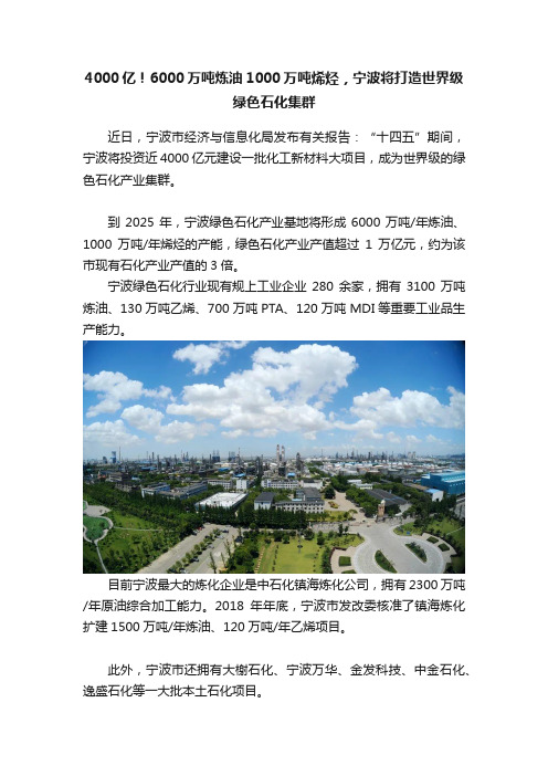 4000亿！6000万吨炼油1000万吨烯烃，宁波将打造世界级绿色石化集群