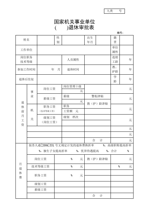 江苏淮安机关事业单位工作人员退休审批表