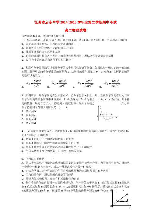 江苏省启东中学高二物理下学期期中试题