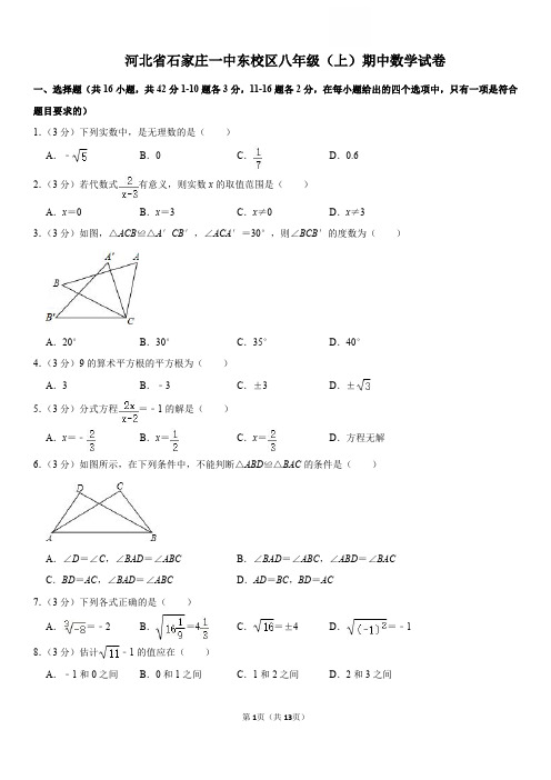 河北石家庄一中2024年上学期八年级数学期中试卷+答案