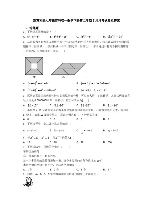 新苏科版七年级苏科初一数学下册第二学期5月月考试卷及答案