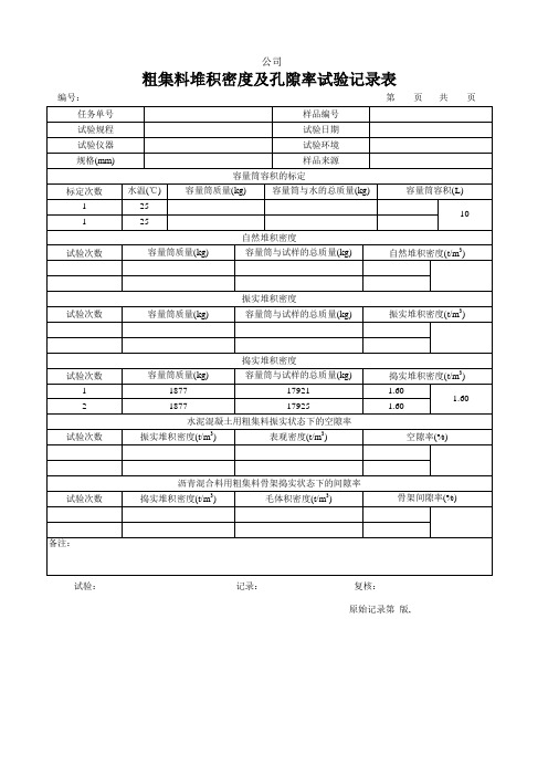 集料堆积密度及孔隙率试验记录表