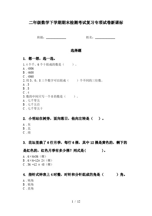 二年级数学下学期期末检测考试复习专项试卷新课标