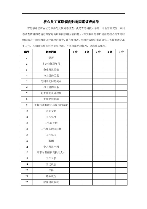 企业核心员工离职倾向影响因素调查问卷