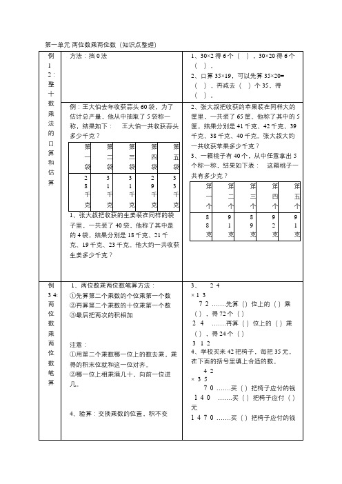 北师大版三下数学两位数乘两位数知识点