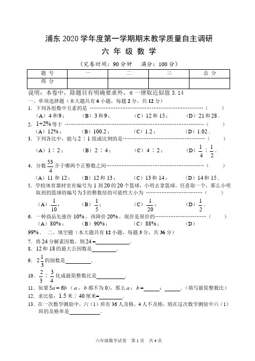 上海市浦东新区2020学年六年级上学期期末考试数学试题