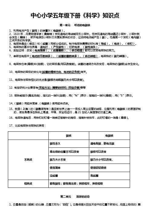 湘教版小学科学五年级下册知识点