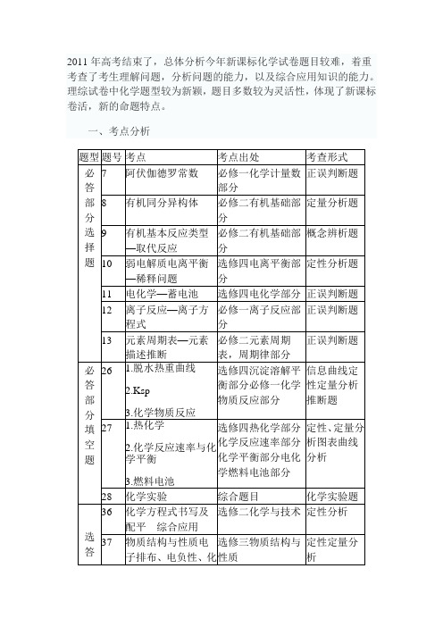 2011新课改高考化学试卷分析