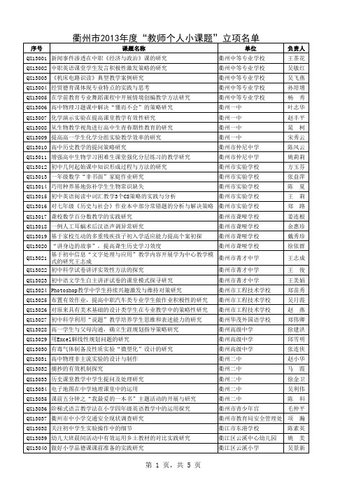 衢州市2013年度教师个人小课题立项名单xls