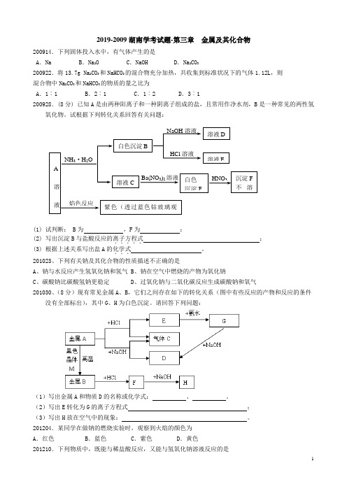 2009-2019化学湖南学考真题选编金属及其化合物