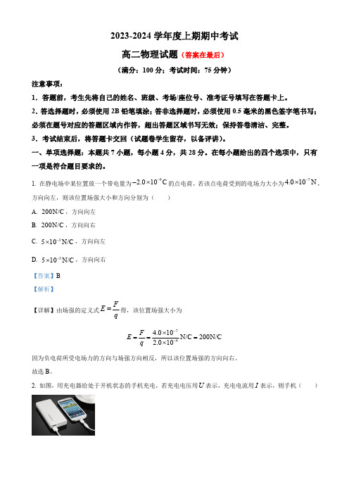 重庆市2023-2024学年高二上学期期中物理试题含解析