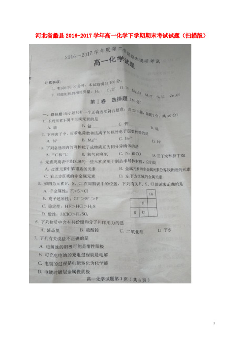 河北省蠡县高一化学下学期期末考试试题(扫描版)