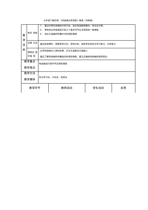 七年级下册生物《传染病及其预防》教案(济南版)