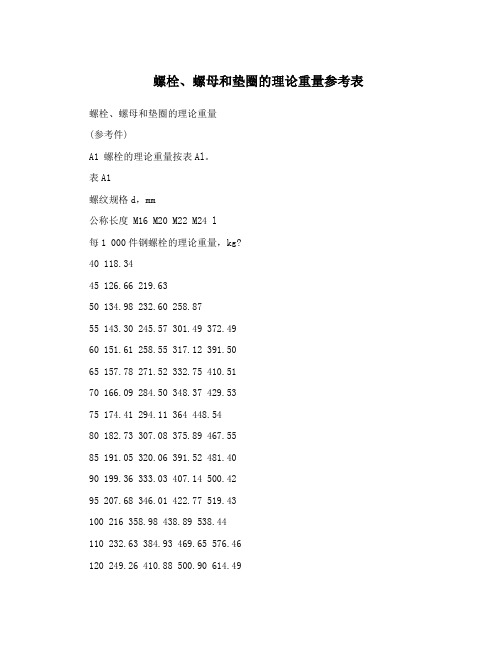 螺栓、螺母和垫圈的理论重量参考表